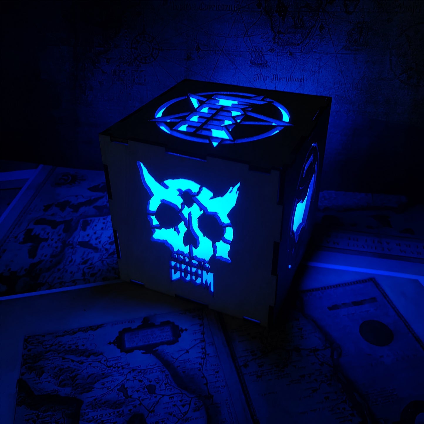 Doomguy Helmet Satan Pattern Wood Cube Light Desk Decor