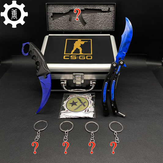Doppler Blue Balisong & Karambit & Stickers & Keychains & AK With Case