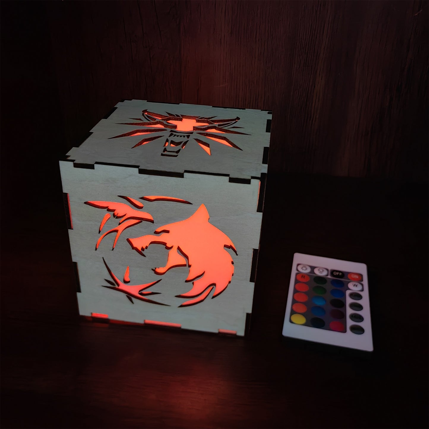 Geralt Wolf School Badge Wood Cube Light Desk Decor