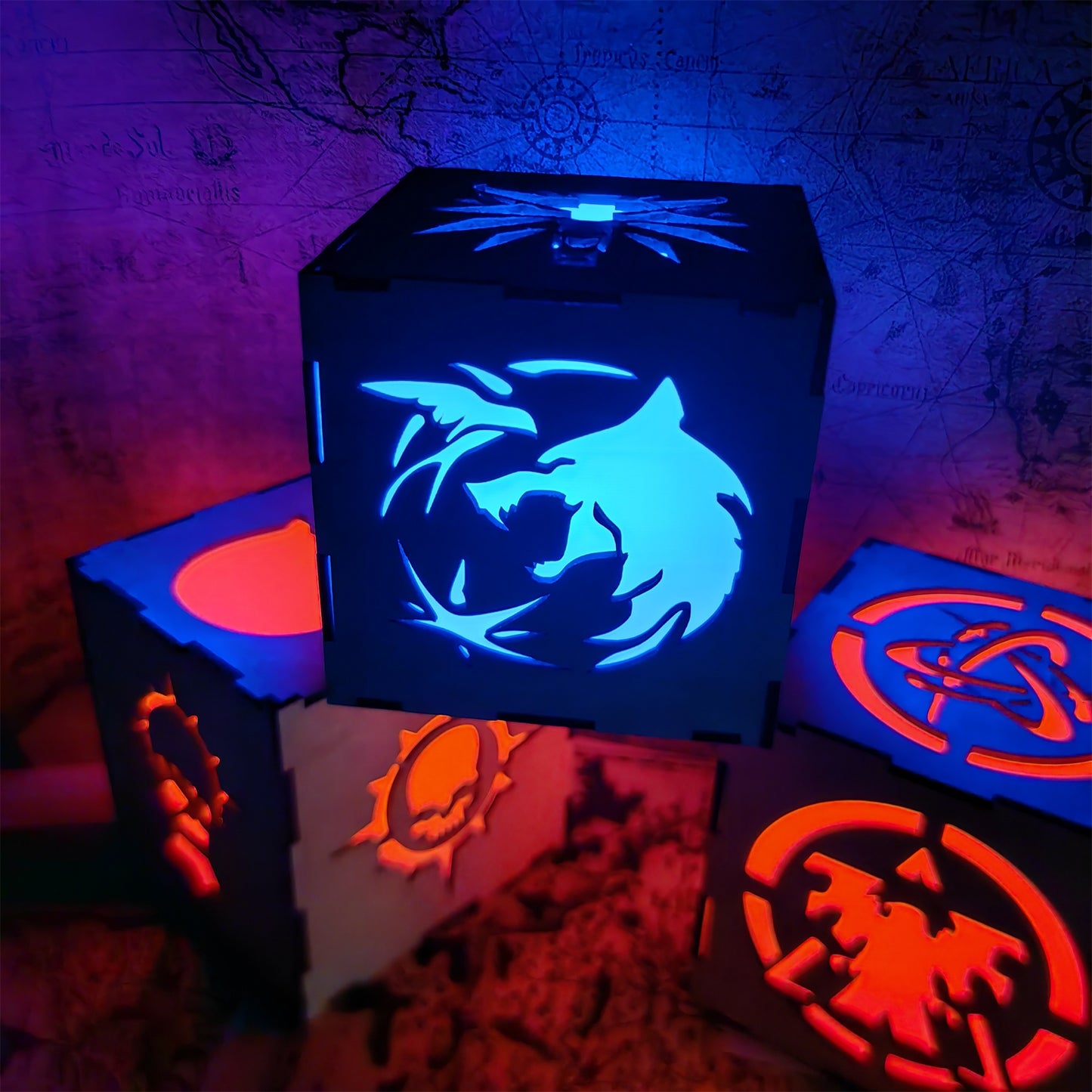 Geralt Wolf School Badge Wood Cube Light Desk Decor