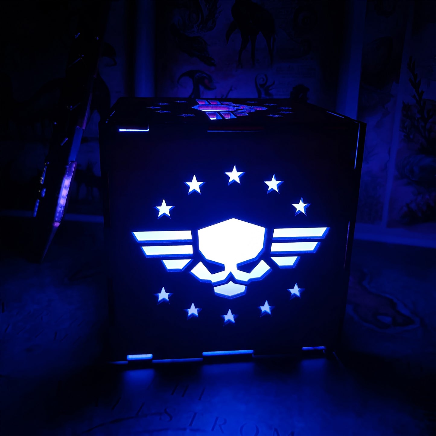 WH4K Winged Skull Badge Wood Cube Light Desk Decor