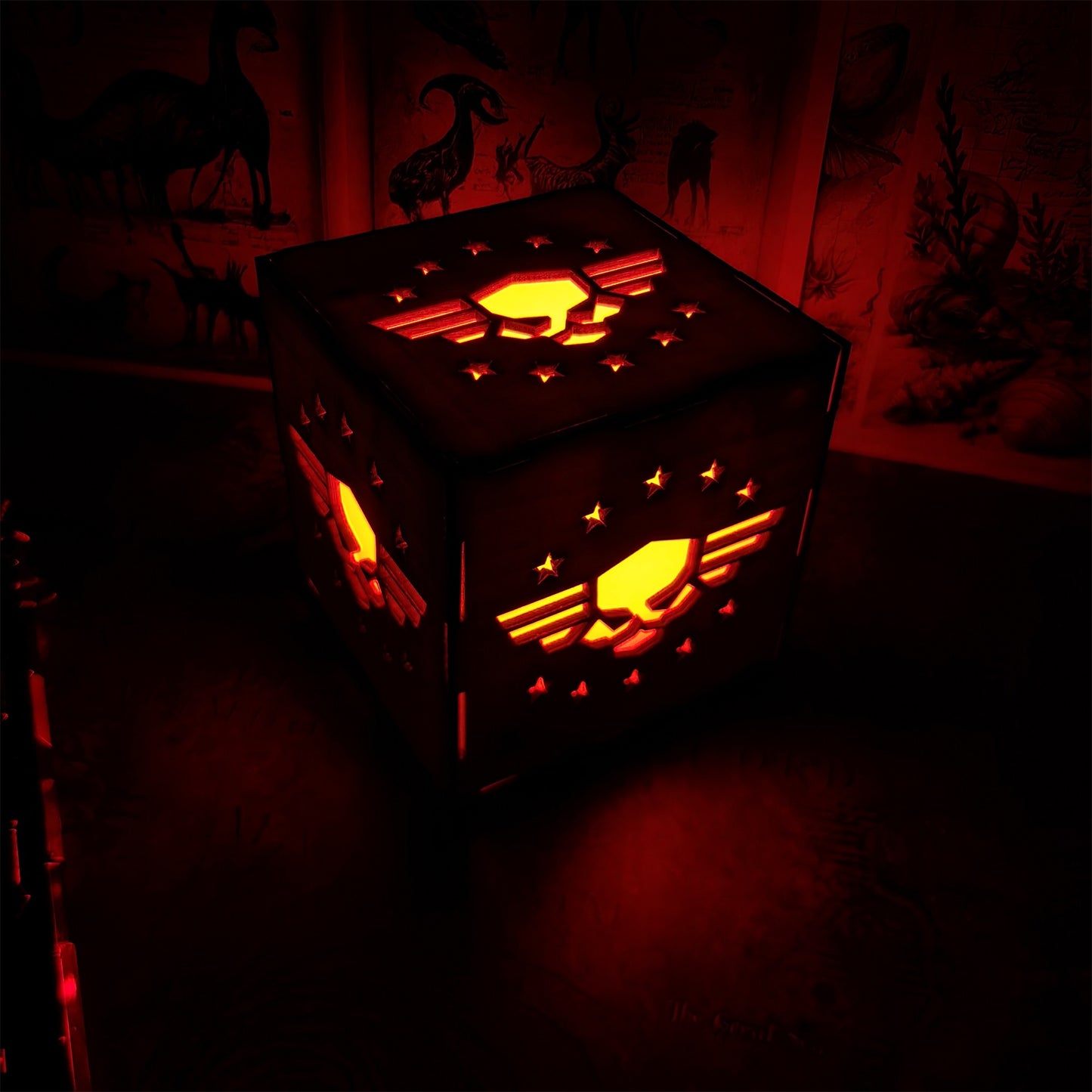 WH4K Winged Skull Badge Wood Cube Light Desk Decor