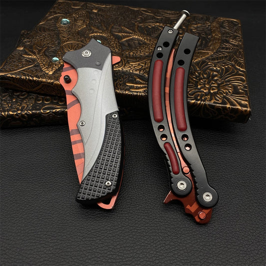 Metal Blunt Blade Slaughter Butterfly Trainers & Sharp Blade Folding Knife 2 in 1 Pack